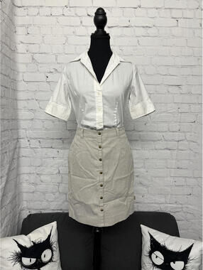 Vintage Esprit Tan White Pinstripe Pencil Skirt Knee Length Sz 6 Office Siren
